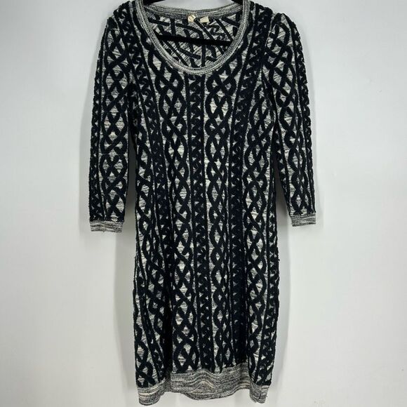 MOTH Anthropologie Black Chain Stitch Pattern Sweater Dress Sz XS - Picture 2 of 8